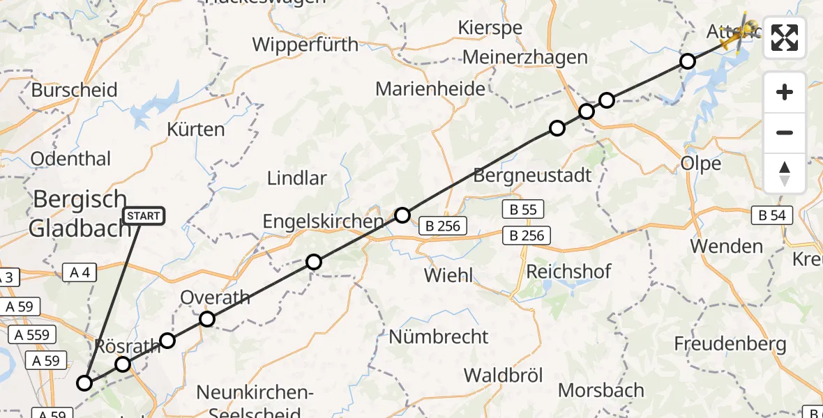 Flugroute Ambulanzhubschrauber Bergisch Gladbach - Attendorn, 12 Oktober 2026, 15:28
