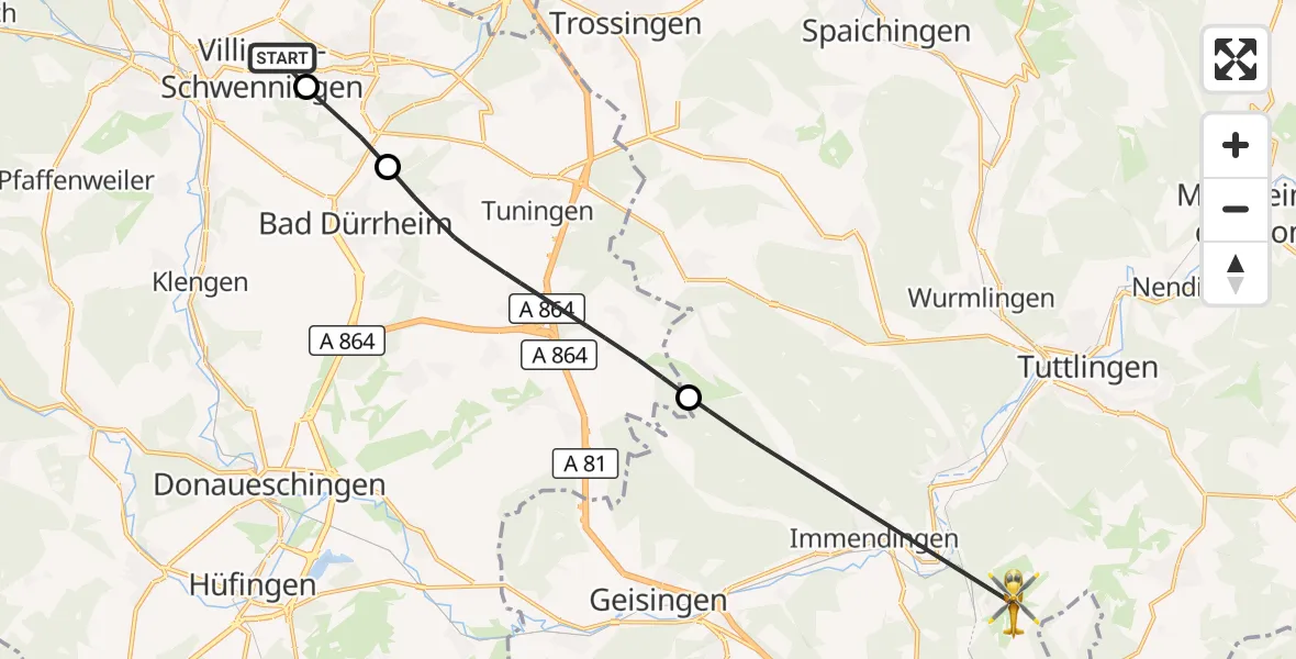 Flugroute Ambulanzhubschrauber DRF Air Rescue Station Villingen-Schwenningen Hubschrauberlandeplatz (Christoph 11) - Immendingen, 12 Oktober 2026, 15:35