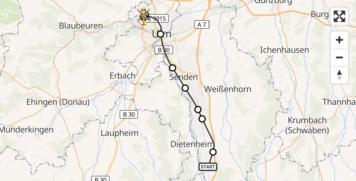 Flugroute Rettungshubschrauber Altenstadt - ADAC Air Rescue Station Ulm (Christoph 22), 12 Oktober 2026, 15:35