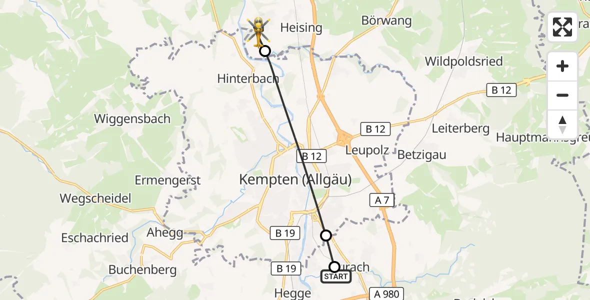 Flugroute Rettungshubschrauber Kempten-Durach Flugplatz - Lauben, 12 Oktober 2026, 15:40