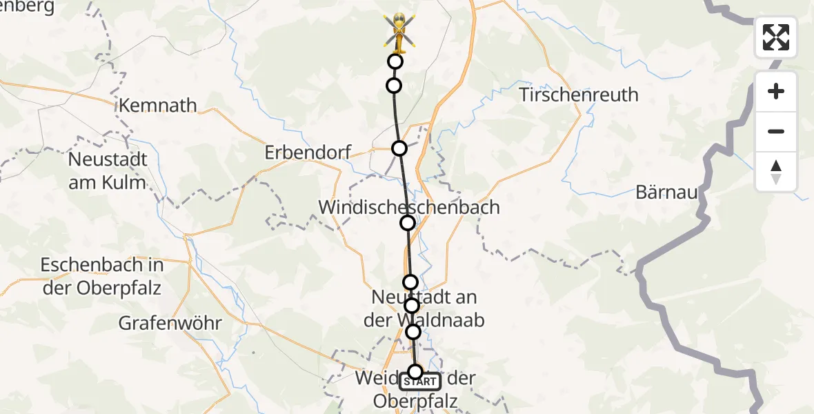 Flugroute Ambulanzhubschrauber Weiden Hospital - Fuchsmühl, 12 Oktober 2026, 15:49