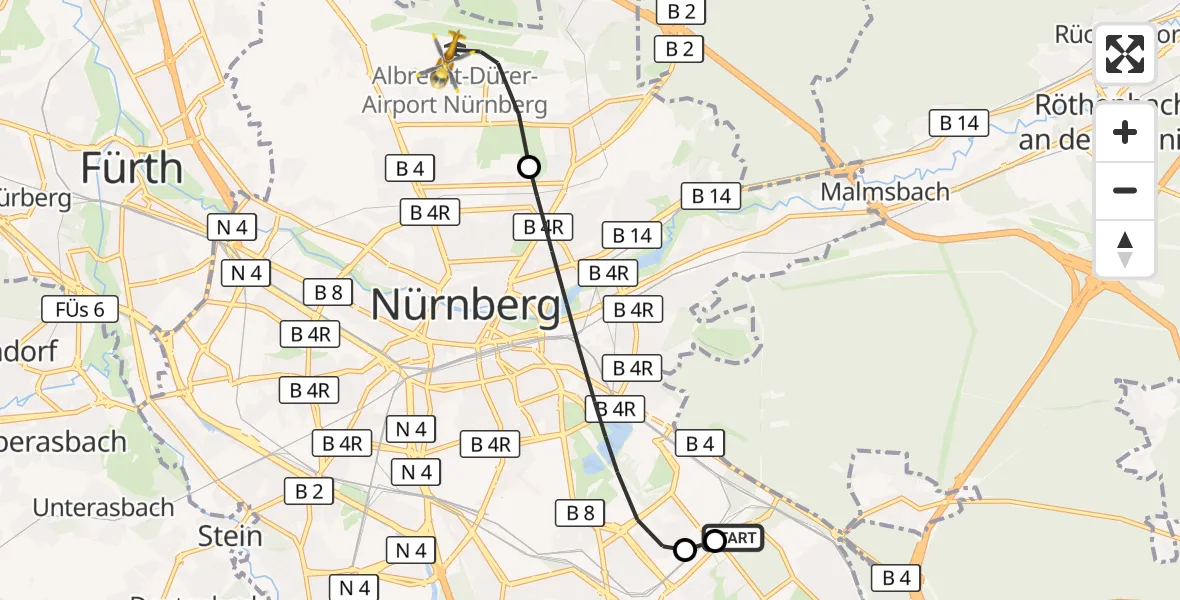 Flugroute Ambulanzhubschrauber Nürnberg South Hospital - Flughafen Nuremberg, 12 Oktober 2026, 15:53