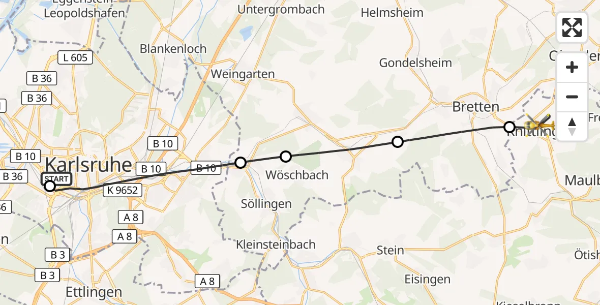 Flugroute Ambulanzhubschrauber Sankt Vincentius Hospital - Knittlingen, 12 Oktober 2026, 16:03
