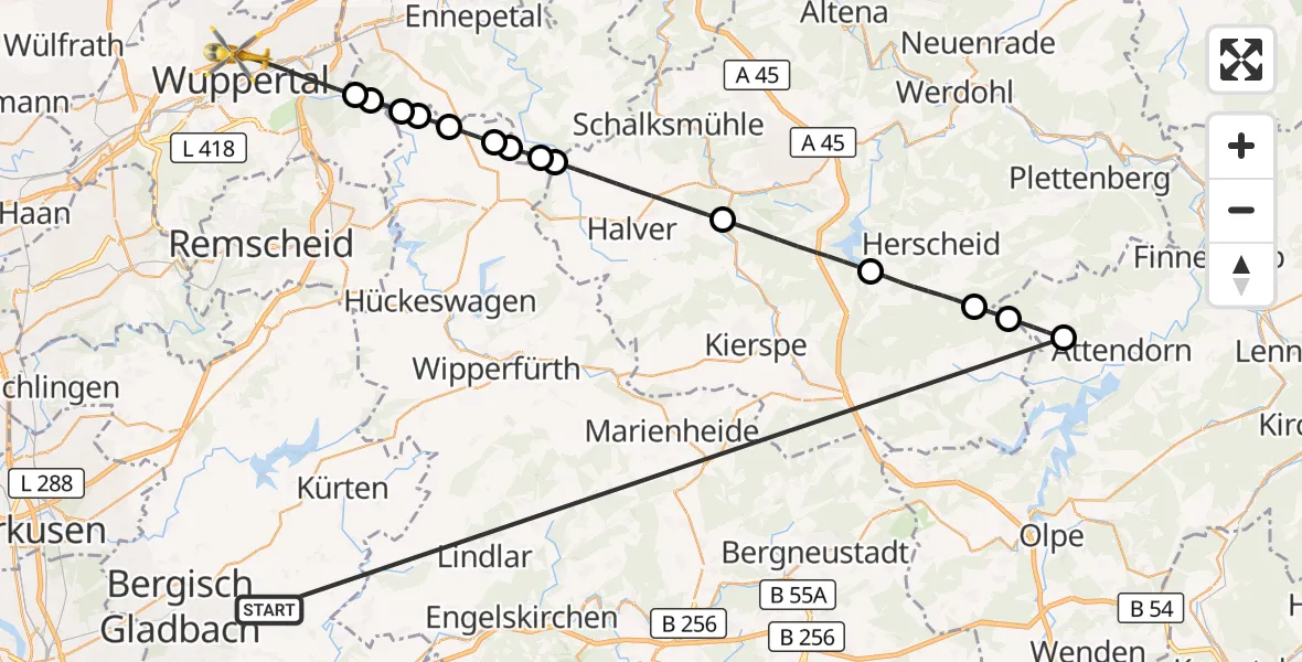 Flugroute Ambulanzhubschrauber Bergisch Gladbach - Wuppertal, 12 Oktober 2026, 16:19