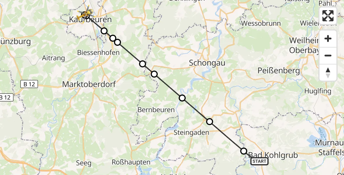 Flugroute Rettungshubschrauber Saulgrub - Ostallgäu-Kaufbeuren Hospital, 12 Oktober 2026, 16:28