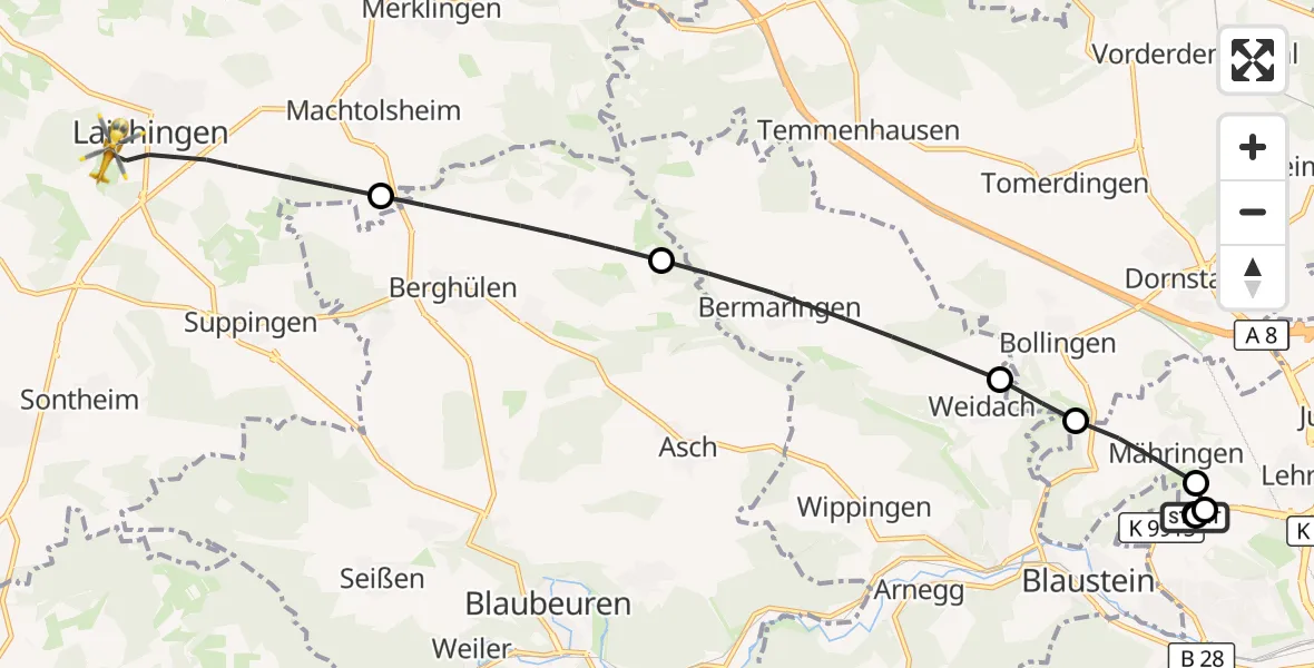 Flugroute Rettungshubschrauber Ulm Military Hospital Emergency - Laichingen, 12 Oktober 2026, 16:31