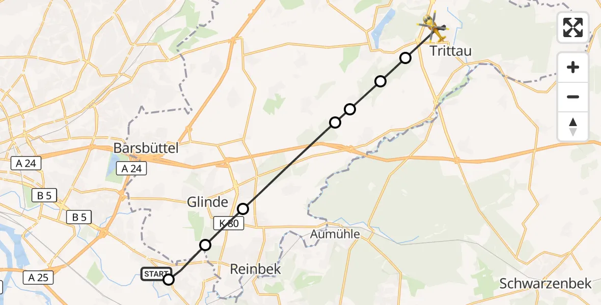 Flugroute Rettungshubschrauber Christoph Hansa ADAC Hubschrauberlandeplatz - Trittau, 12 Oktober 2026, 16:35