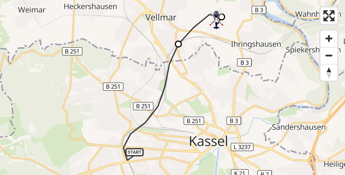 Flugroute Polizeihubschrauber Kassel - Fuldatal Bundespolizei Hubschrauberlandeplatz, 12 Oktober 2026, 16:36