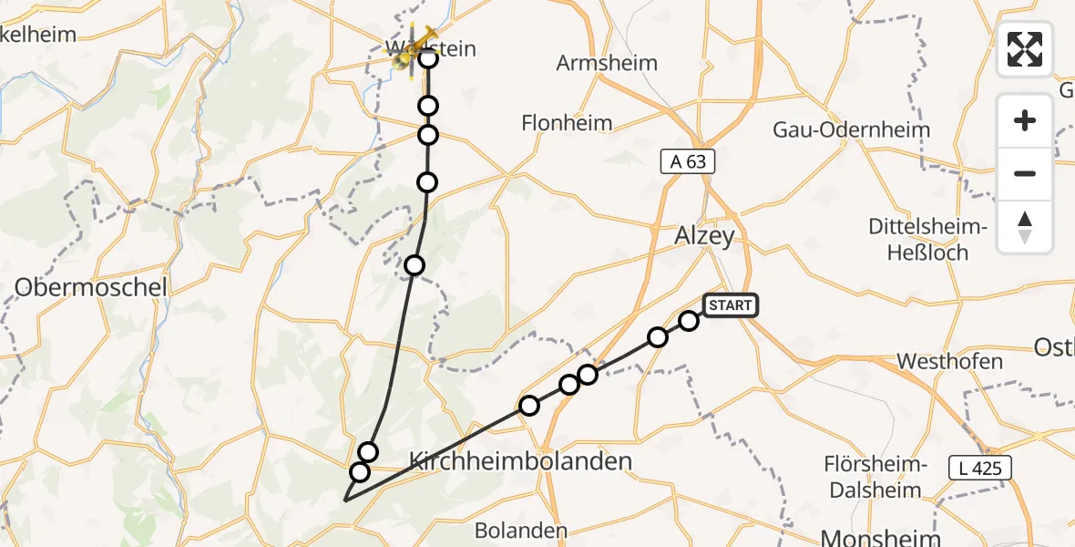 Flugroute Rettungshubschrauber Kettenheim - Wöllstein, 12 Oktober 2026, 16:39