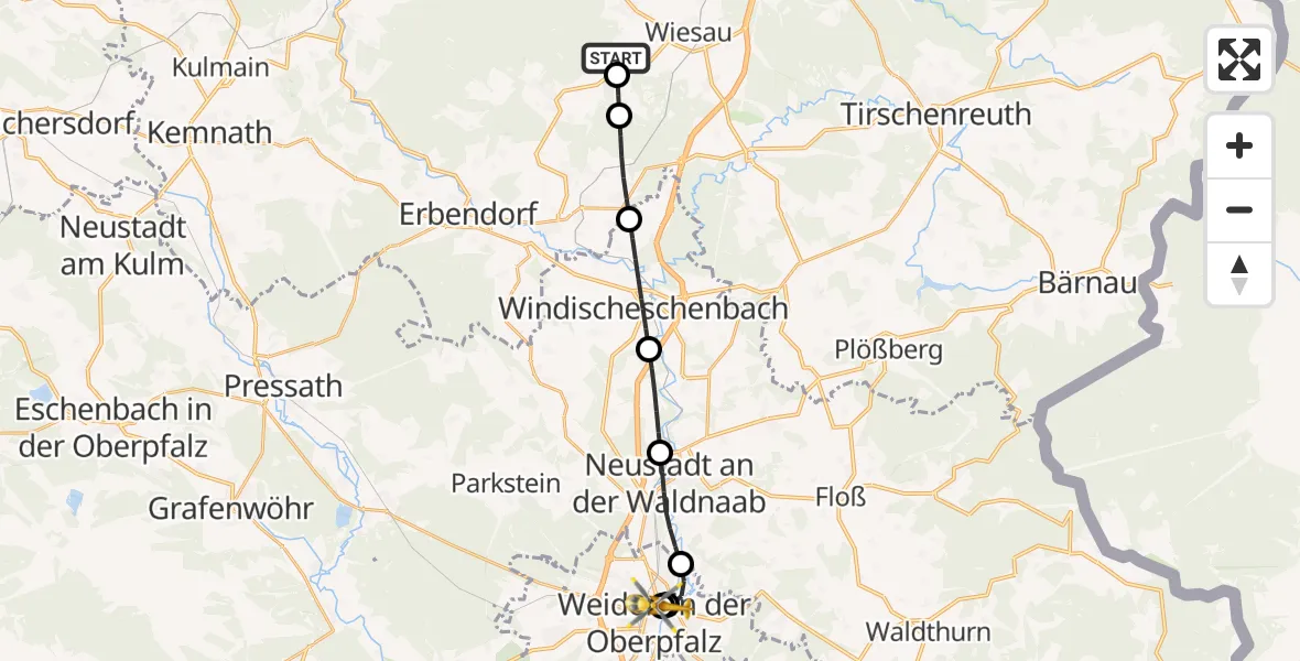 Flugroute Ambulanzhubschrauber Fuchsmühl - Weiden Hospital, 12 Oktober 2026, 16:39