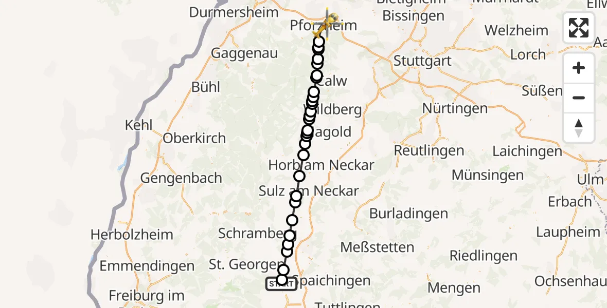 Flugroute Ambulanzhubschrauber DRF Air Rescue Station Villingen-Schwenningen Hubschrauberlandeplatz (Christoph 11) - Pforzheim, 12 Oktober 2026, 16:47
