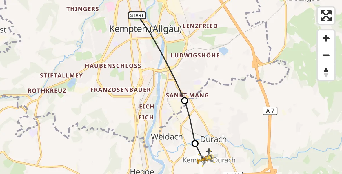 Flugroute Rettungshubschrauber Kempten (Allgäu) - Kempten-Durach Flugplatz, 12 Oktober 2026, 16:47