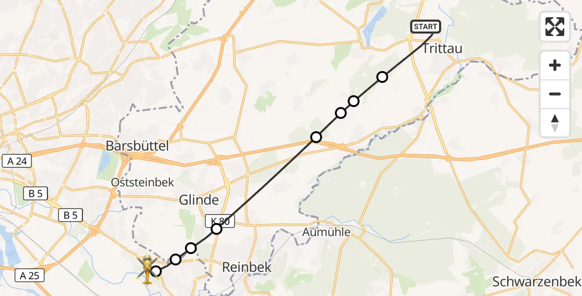Flugroute Rettungshubschrauber Trittau - Christoph Hansa ADAC Hubschrauberlandeplatz, 12 Oktober 2026, 17:00