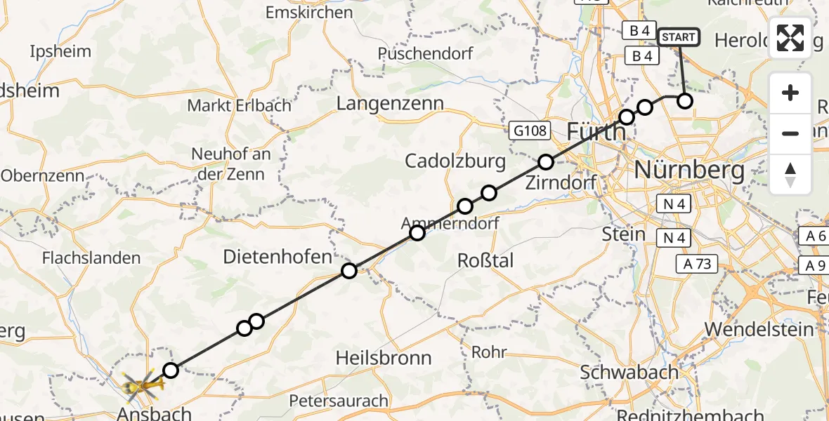 Flugroute Rettungshubschrauber Neunhofer Forst - Ansbach, 12 Oktober 2026, 17:05