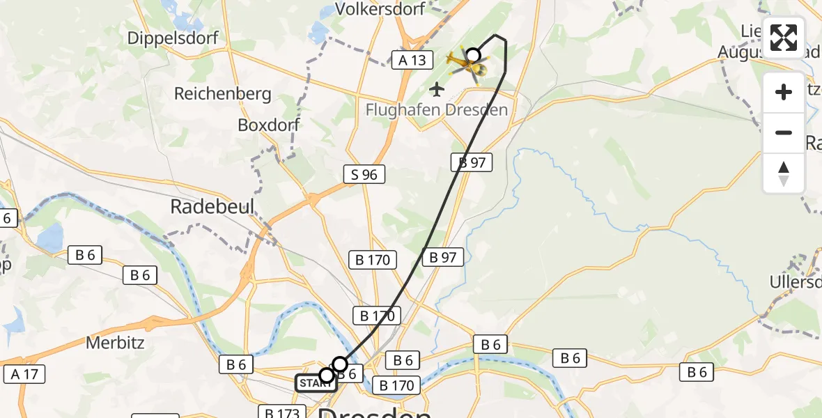 Flugroute Rettungshubschrauber Dresden Friedrichstadt Hospital - Dresden Bundespolizei Hubschrauberlandeplatz, 12 Oktober 2026, 17:06