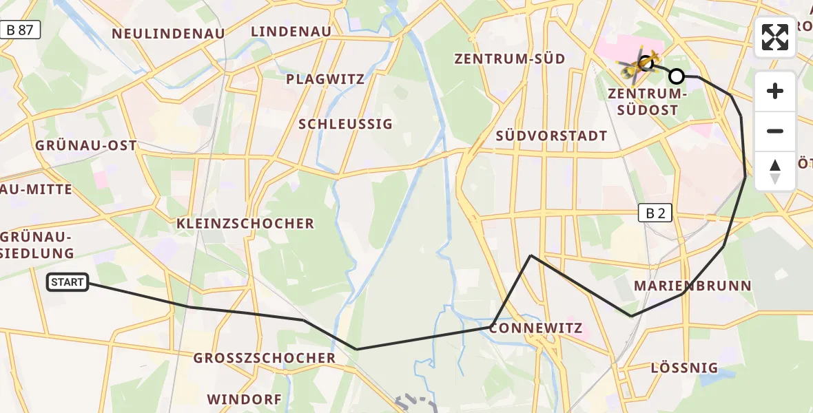 Flugroute Rettungshubschrauber Leipzig - Leipzig University Hospital Heliport 2, 12 Oktober 2026, 17:08