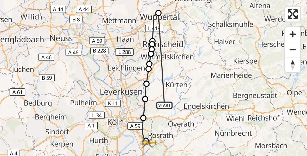 Flugroute Ambulanzhubschrauber Bergisch Gladbach - Köln Bonn Flughafen, 12 Oktober 2026, 17:11