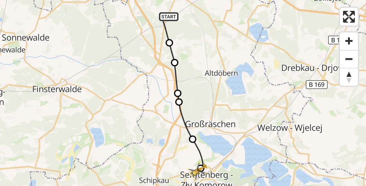 Flugroute Ambulanzhubschrauber Calau - ADAC Luftrettungsstation Senftenberg Hubschrauberlandeplatz, 12 Oktober 2026, 17:15