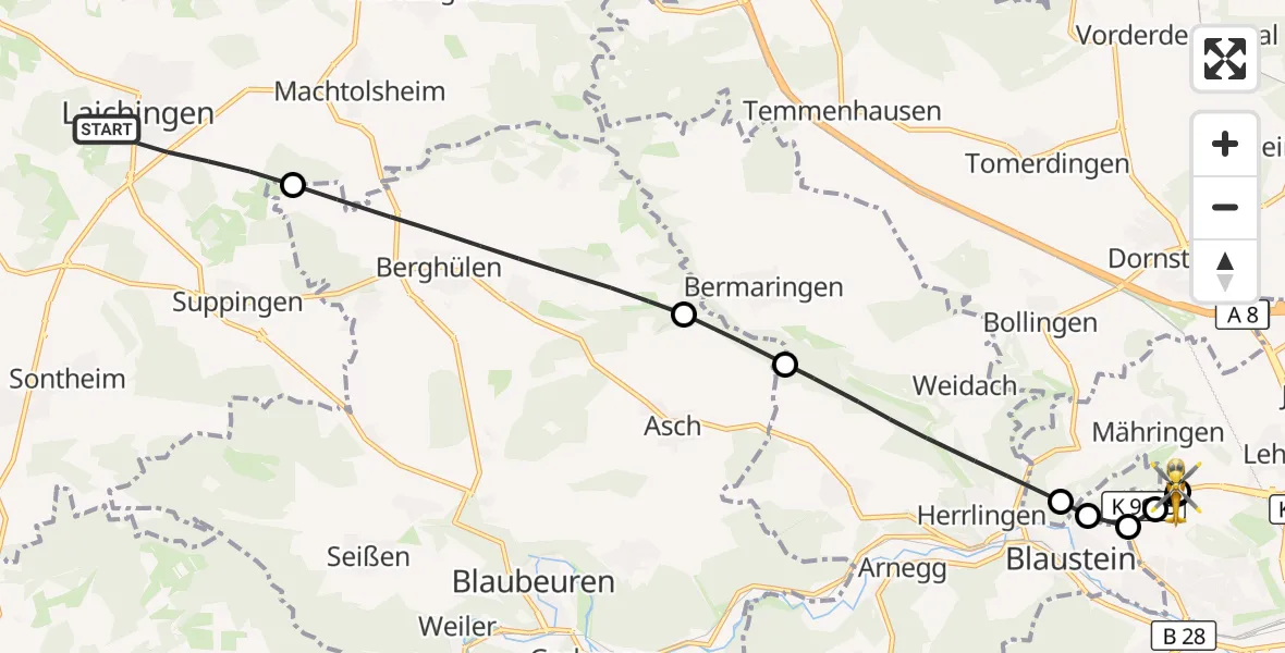 Flugroute Rettungshubschrauber Laichingen - ADAC Air Rescue Station Ulm (Christoph 22), 12 Oktober 2026, 17:17