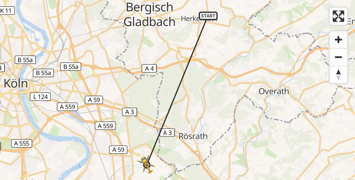 Flugroute Ambulanzhubschrauber Bergisch Gladbach - Köln Bonn Flughafen, 12 Oktober 2026, 17:29