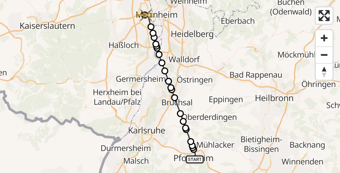 Flugroute Ambulanzhubschrauber Pforzheim - Ludwigshafen Accident Hospital, 12 Oktober 2026, 17:54