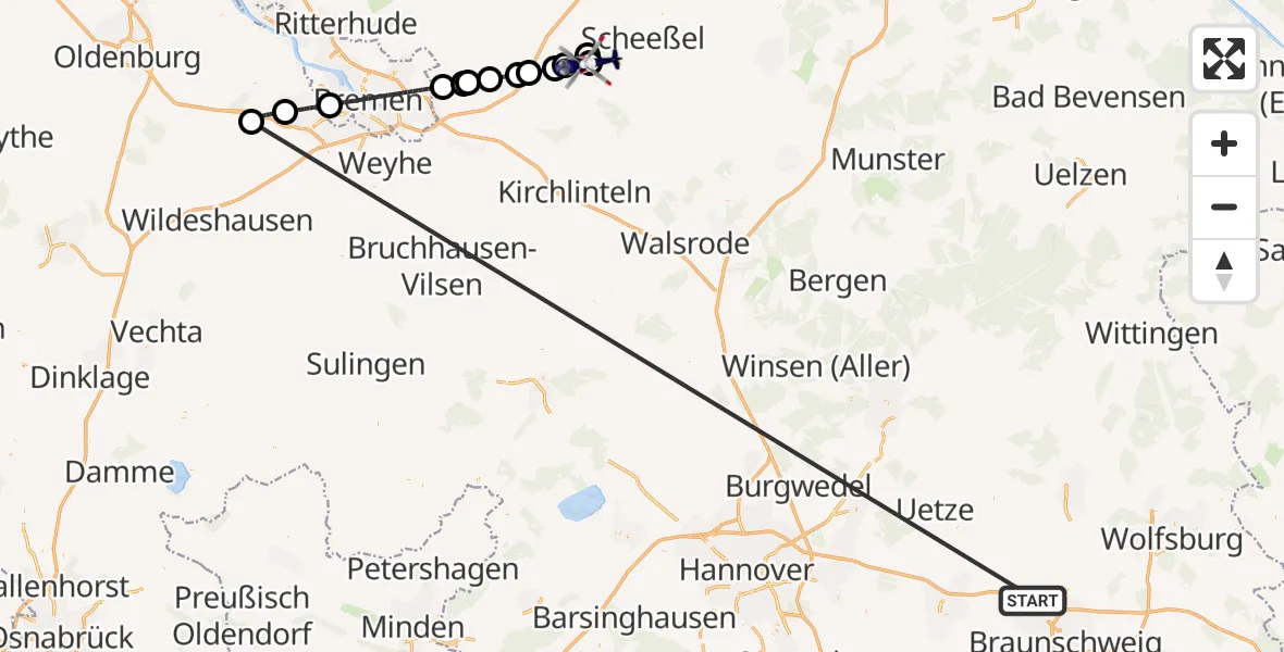 Flugroute Polizeihubschrauber Schwülper - Rotenburg (Wümme) Flugplatz, 12 Oktober 2026, 18:01
