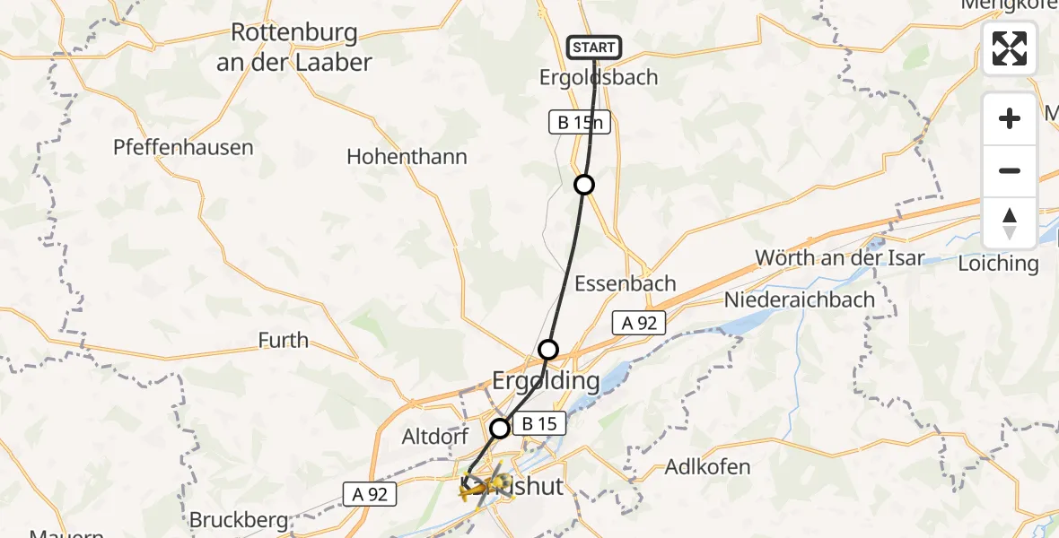 Flugroute Rettungshubschrauber Ergoldsbach - Landshut Hospital Hubschrauberlandeplatz, 12 Oktober 2026, 18:09