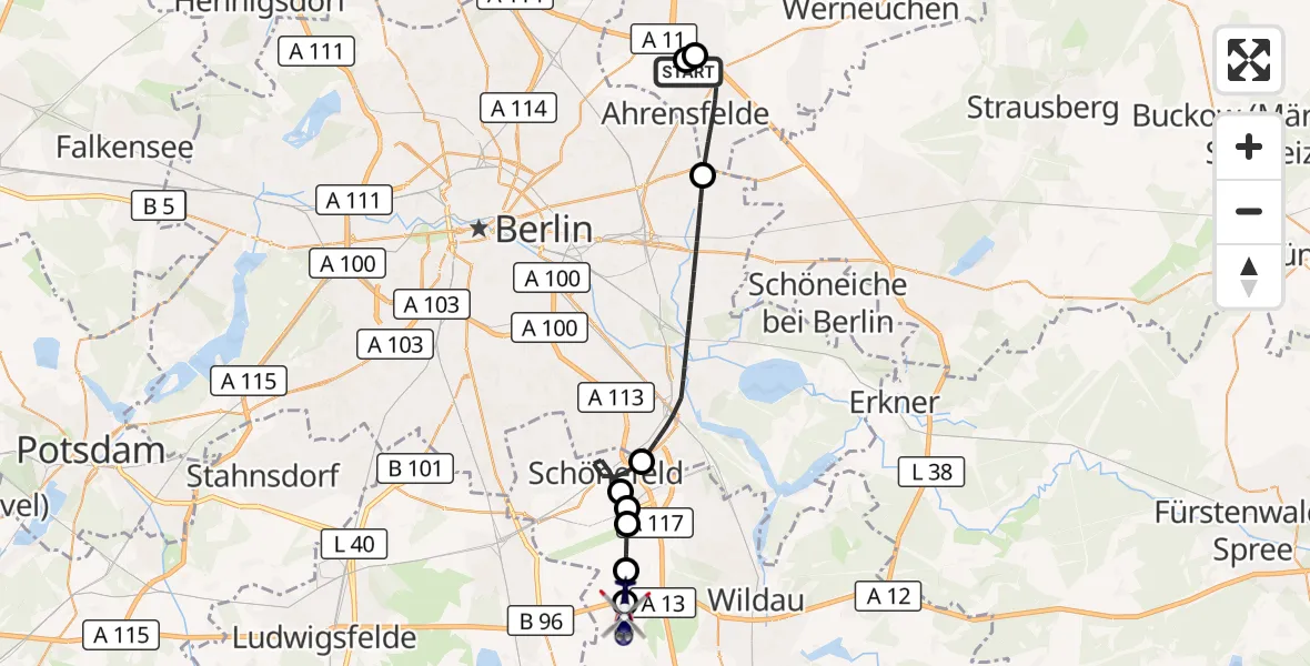 Flugroute Polizeihubschrauber Ahrensfelde Hubschrauberlandeplatz - Mittenwalde, 12 Oktober 2026, 18:57