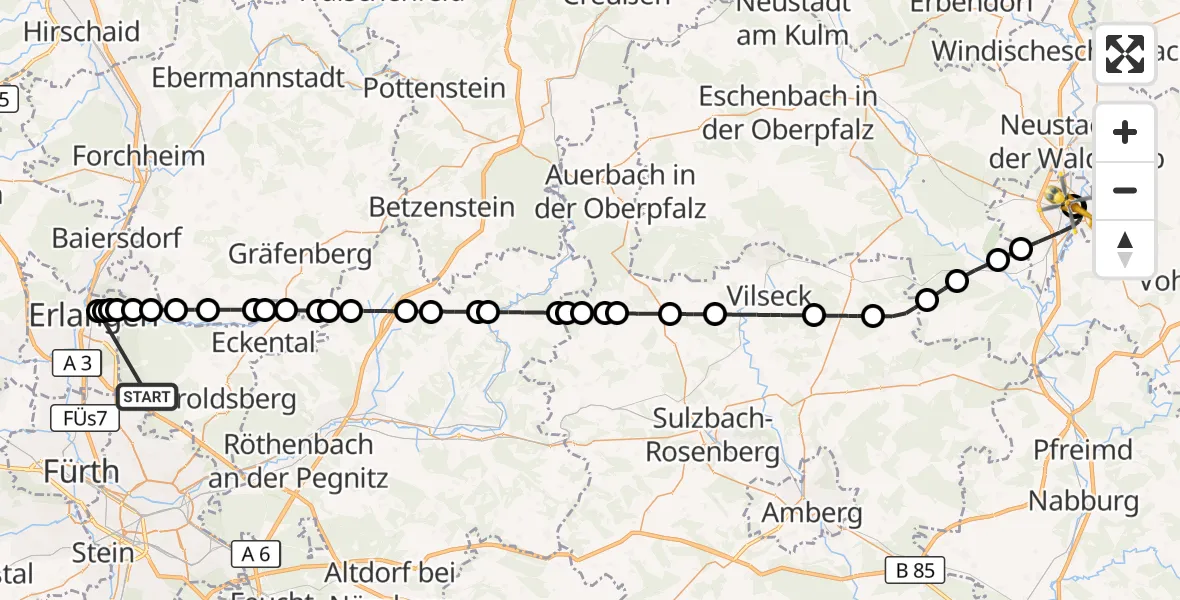 Flugroute Rettungshubschrauber Neunhofer Forst - Weiden Hospital, 12 Oktober 2026, 19:43