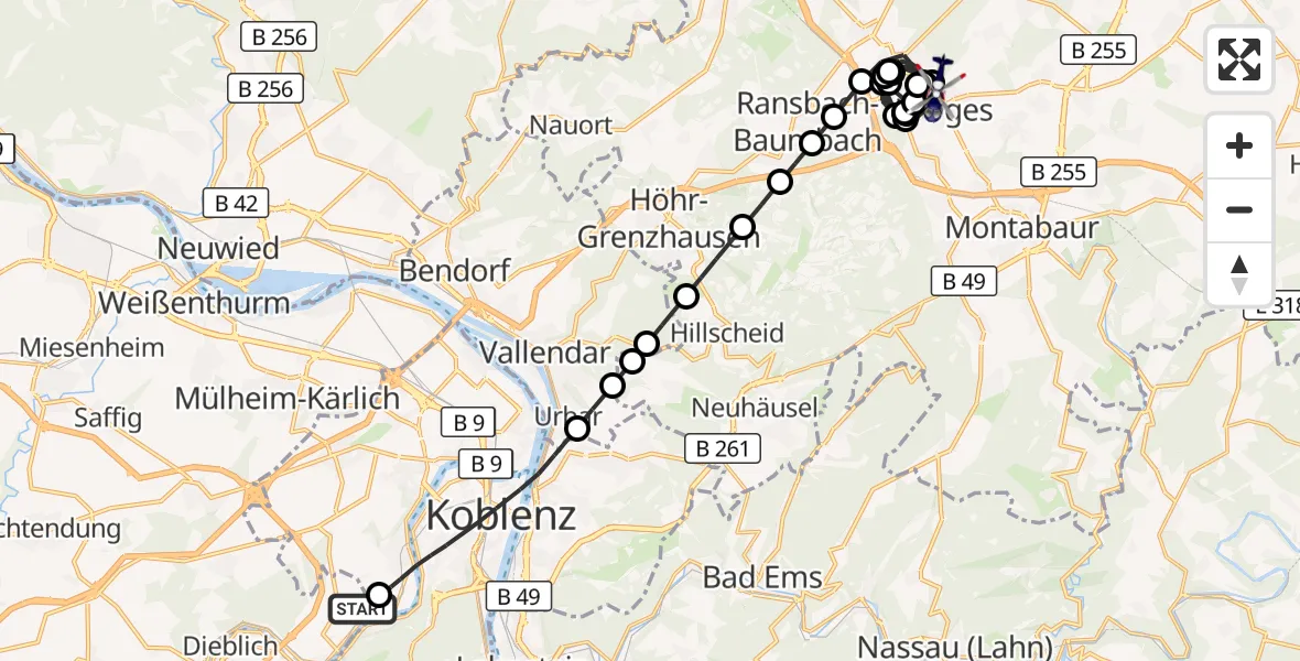 Flugroute Polizeihubschrauber Koblenz-Winningen Flugplatz - Wirges, 12 Oktober 2026, 20:01