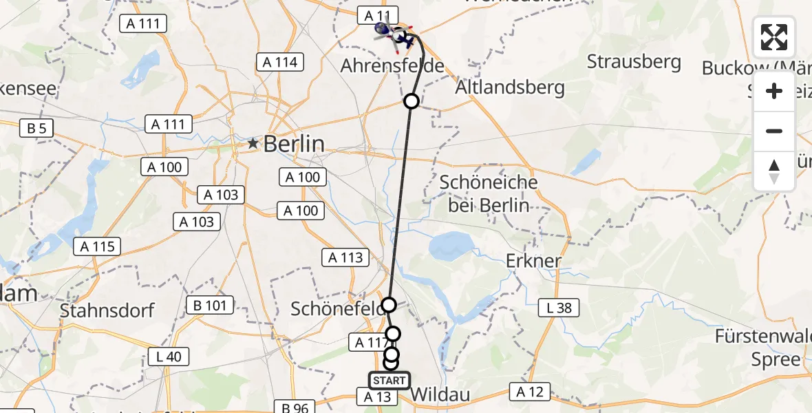 Flugroute Polizeihubschrauber Schönefeld - Ahrensfelde Hubschrauberlandeplatz, 12 Oktober 2026, 20:09