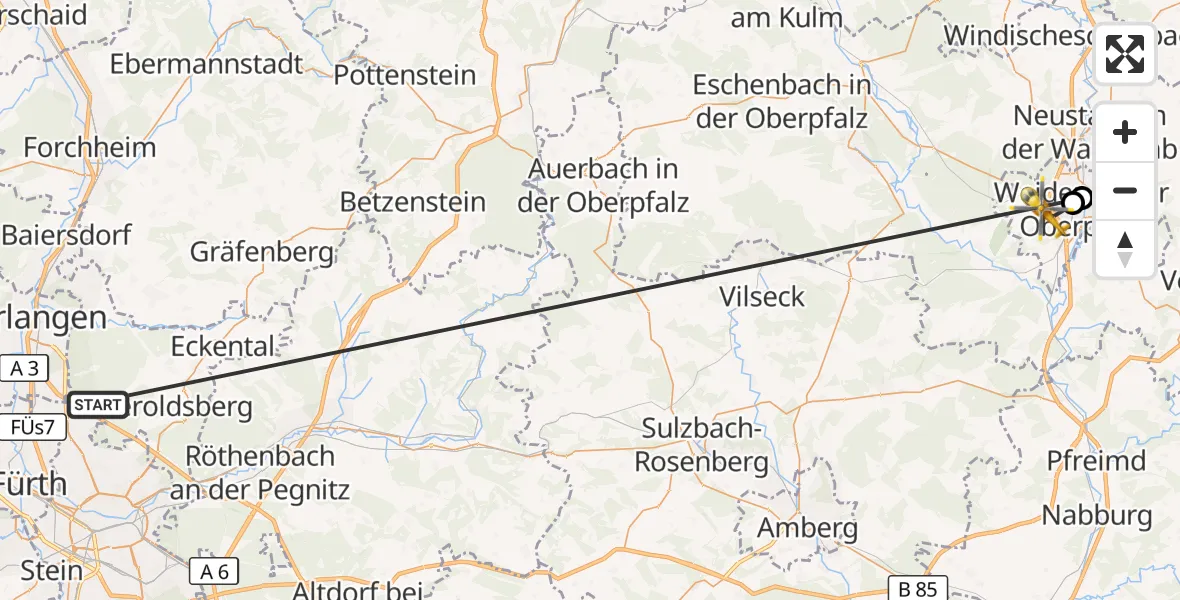 Flugroute Rettungshubschrauber Neunhofer Forst - Weiden i.d.OPf., 12 Oktober 2026, 20:31