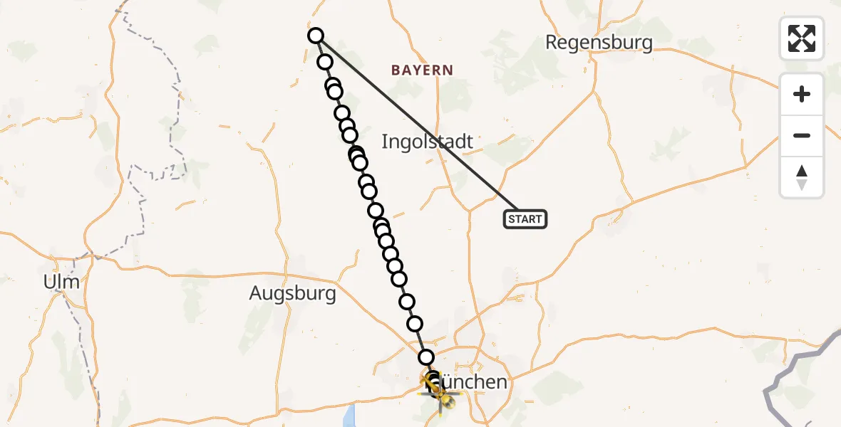 Flugroute Rettungshubschrauber Rudelzhausen - DRF Air Rescue München Hubschrauberlandeplatz, 12 Oktober 2026, 20:35