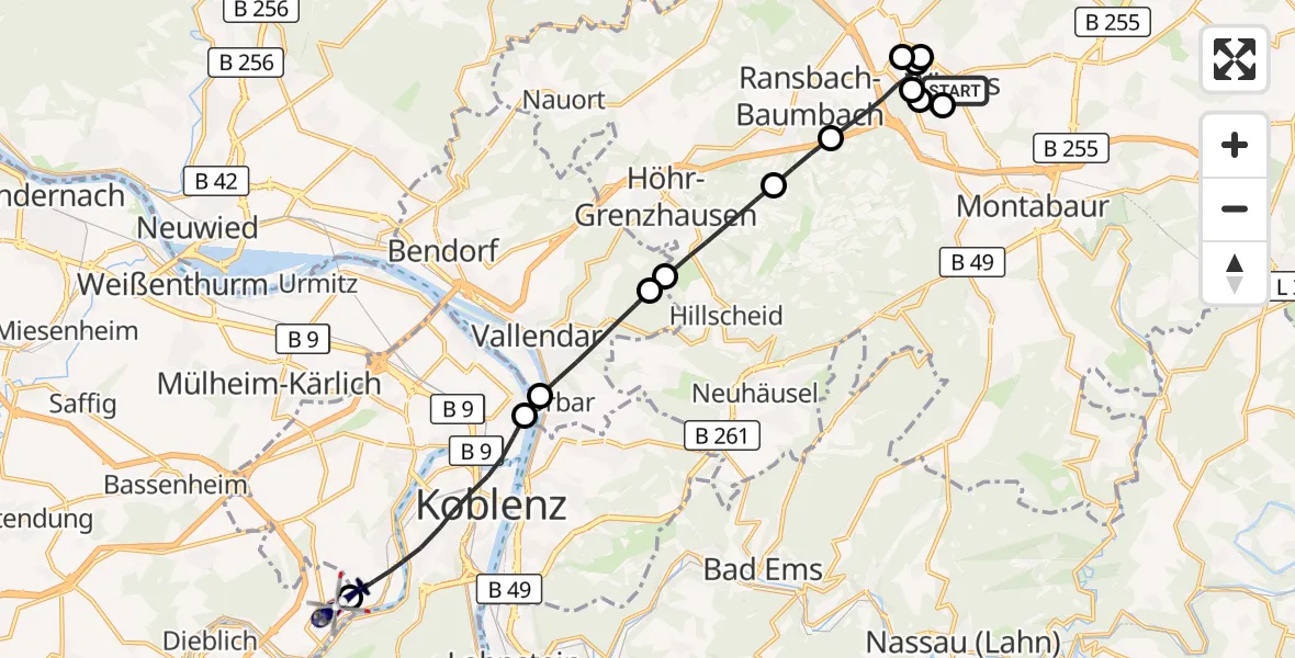 Flugroute Polizeihubschrauber Wirges - Koblenz-Winningen Flugplatz, 12 Oktober 2026, 20:53