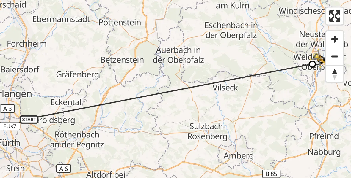 Flugroute Rettungshubschrauber Neunhofer Forst - Weiden Hospital, 12 Oktober 2026, 20:53