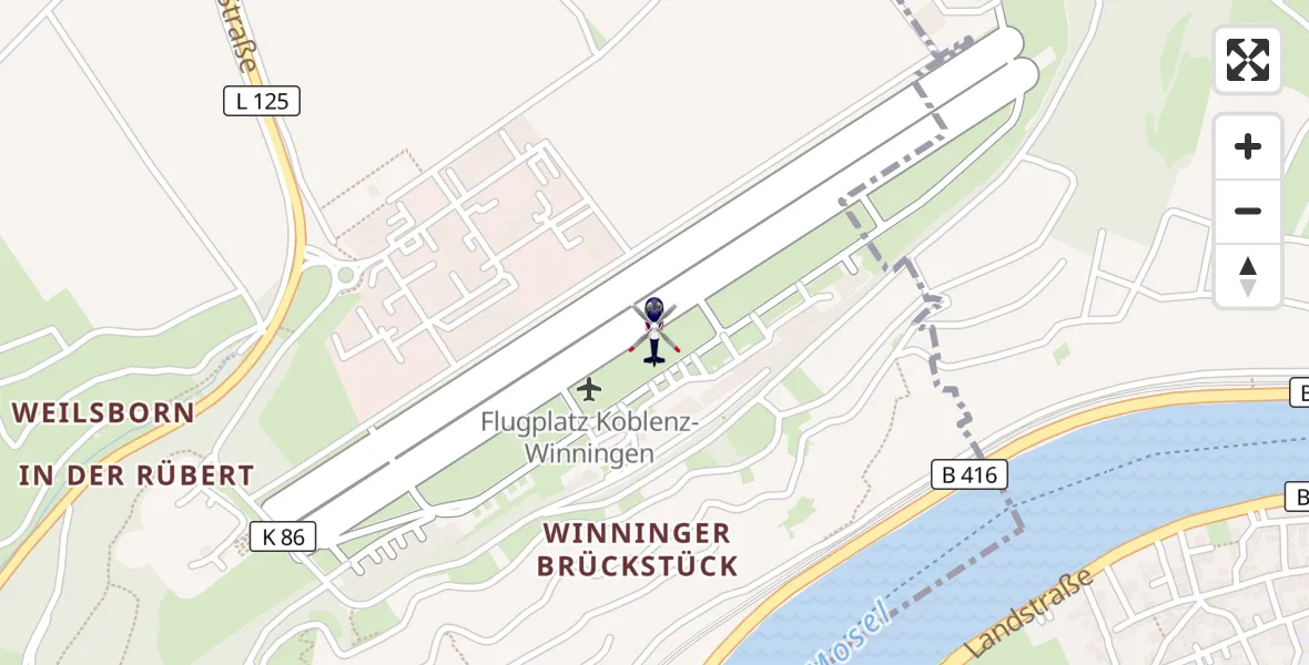 Flugroute Polizeihubschrauber Koblenz-Winningen Flugplatz - Koblenz-Winningen Flugplatz, 12 Oktober 2026, 21:25