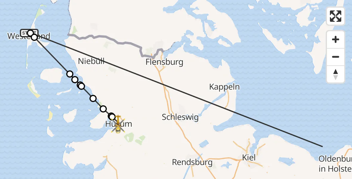 Flugroute Ambulanzhubschrauber Sylt - Husum, 12 Oktober 2026, 21:45
