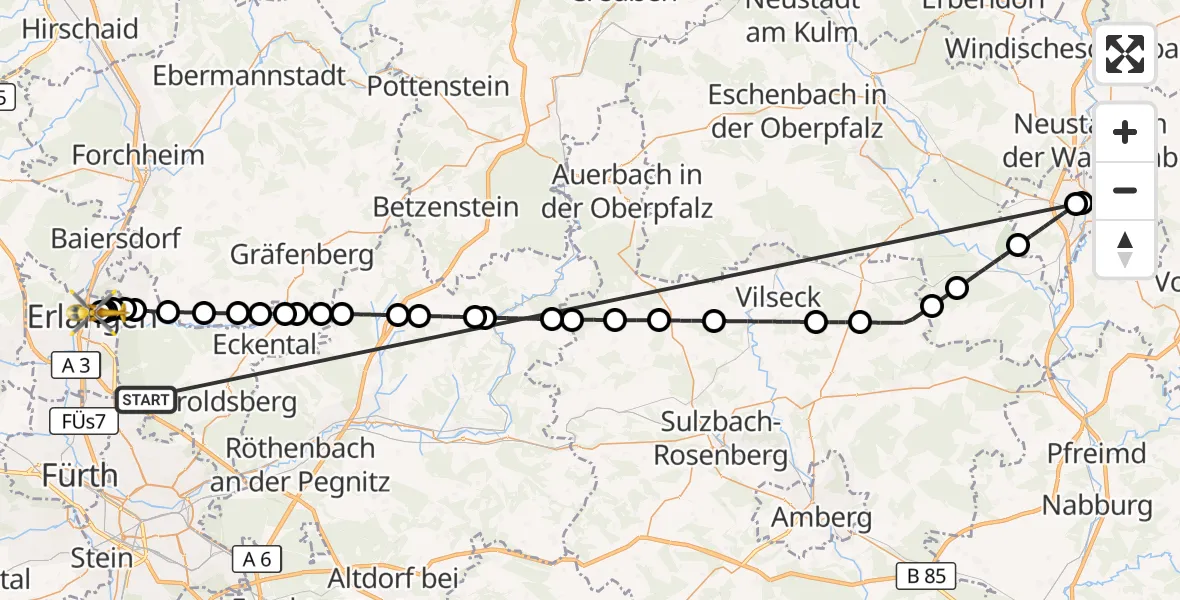 Flugroute Rettungshubschrauber Neunhofer Forst - Erlangen University Hospital Rooftop, 12 Oktober 2026, 21:46