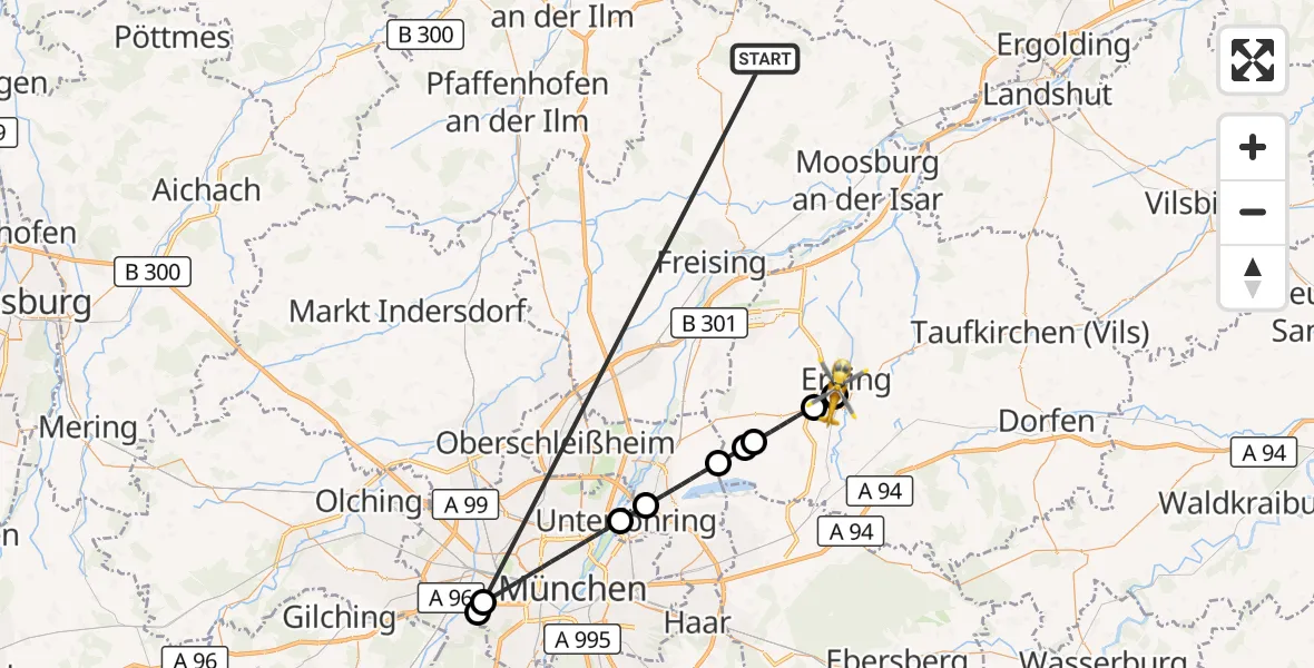 Flugroute Rettungshubschrauber Rudelzhausen - Erding District Hospital, 12 Oktober 2026, 22:16