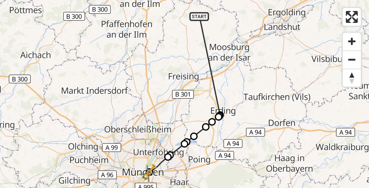 Flugroute Rettungshubschrauber Rudelzhausen - Rechts der Isar University Hospital, 12 Oktober 2026, 22:53