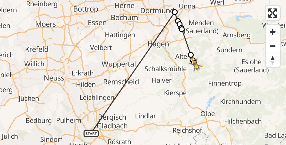 Flugroute Rettungshubschrauber Köln - Werdohl, 12 Oktober 2026, 22:53