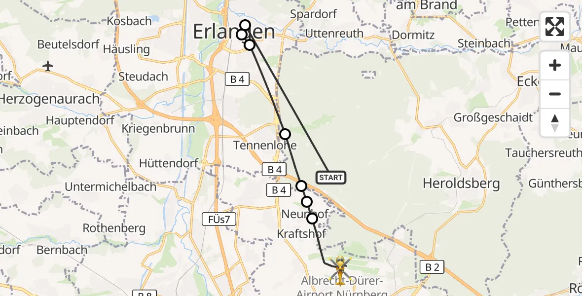 Flugroute Rettungshubschrauber Neunhofer Forst - Flughafen Nuremberg, 12 Oktober 2026, 23:24