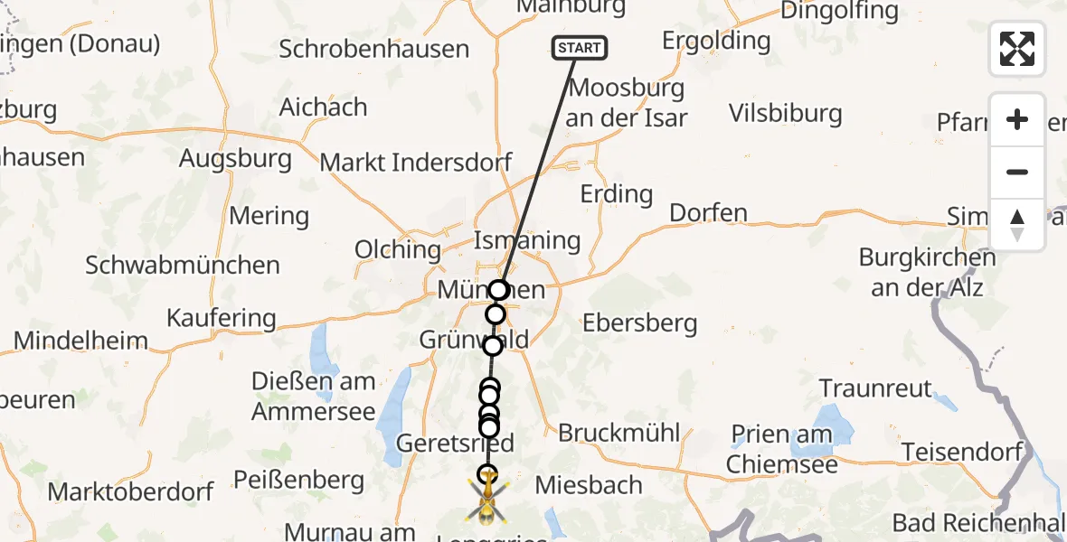 Flugroute Rettungshubschrauber Rudelzhausen - Bad Tölz, 12 Oktober 2026, 23:30