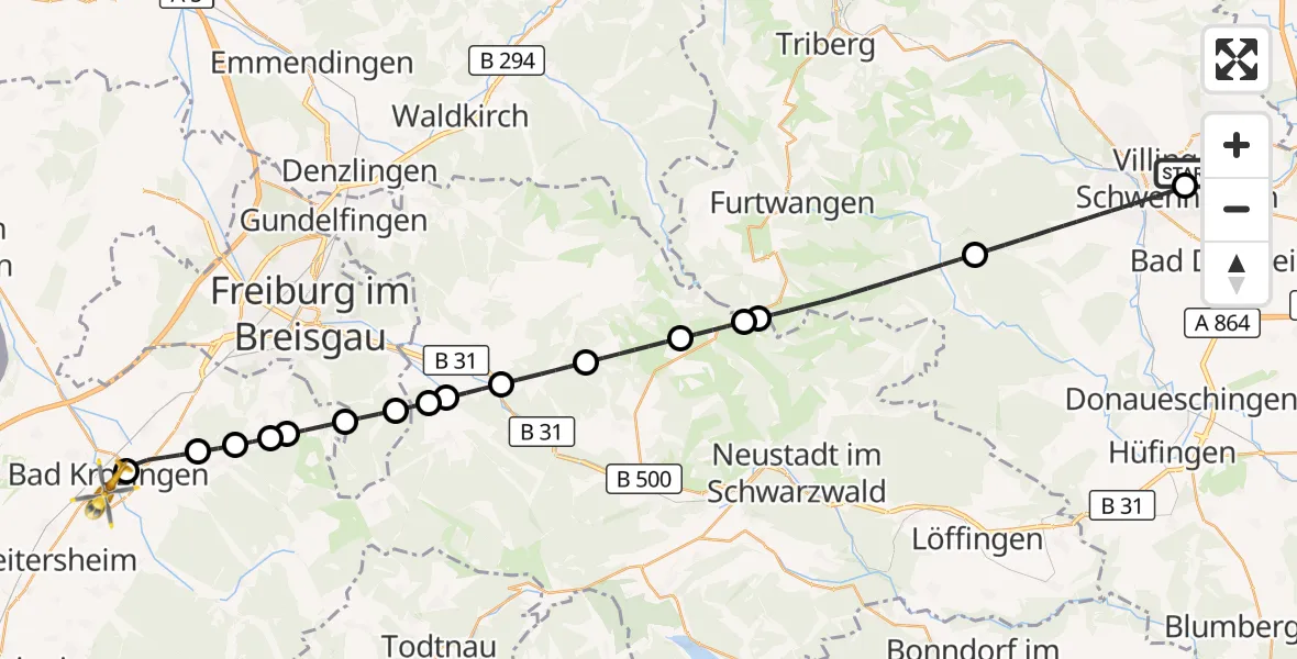 Flugroute Ambulanzhubschrauber DRF Air Rescue Station Villingen-Schwenningen Hubschrauberlandeplatz (Christoph 11) - Bad Krozingen, 12 Oktober 2026, 23:57
