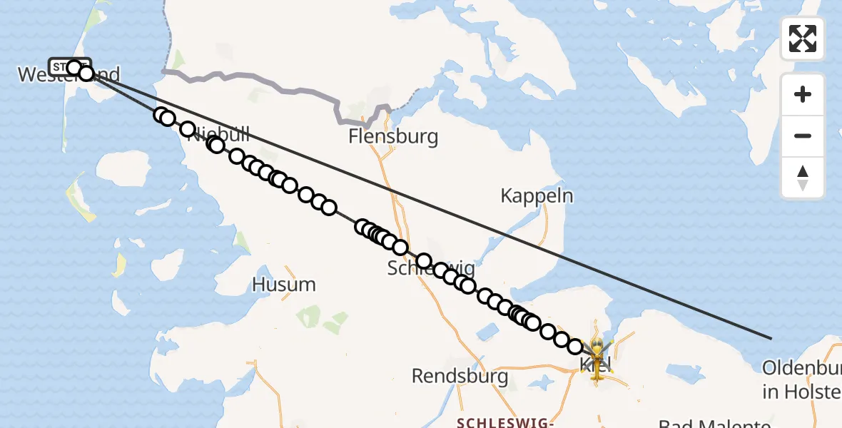 Flugroute Ambulanzhubschrauber Sylt - Kiel, 12 Oktober 2026, 23:58