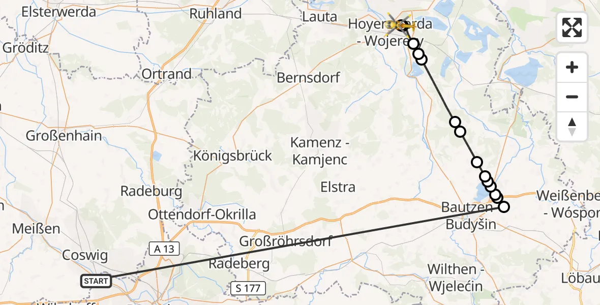 Flugroute Rettungshubschrauber Dresden - Lausitzer Seenland Hospital, 13 Oktober 2026, 00:28
