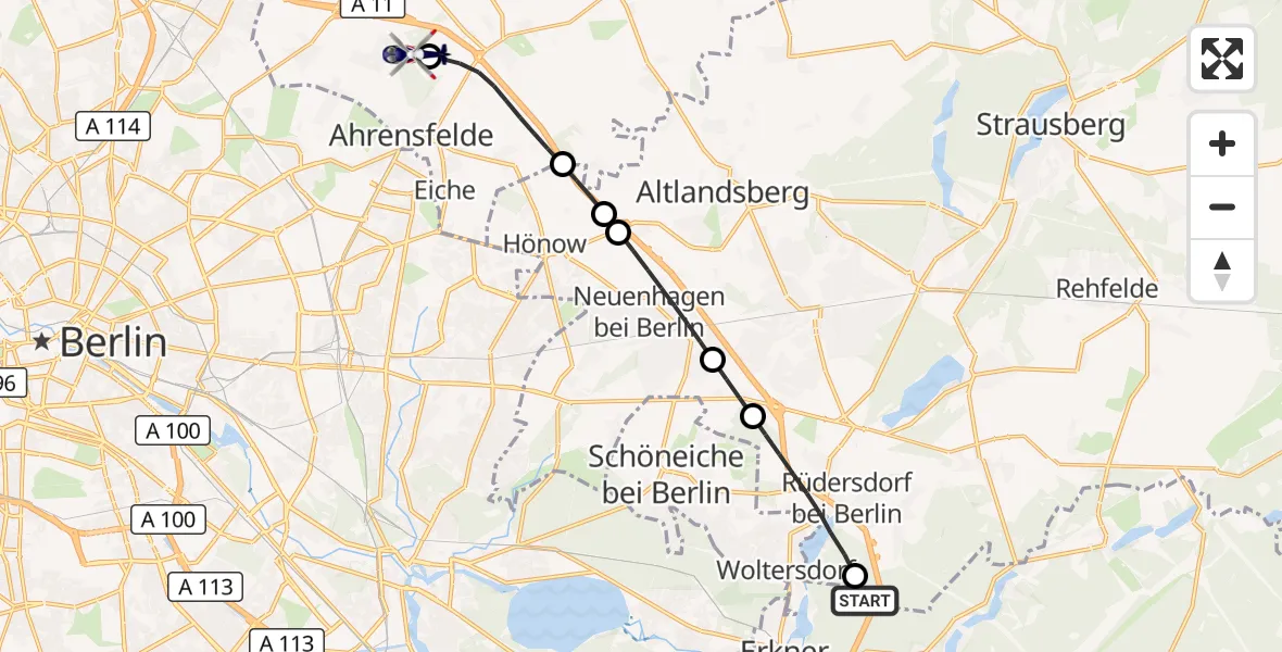 Flugroute Polizeihubschrauber Woltersdorf - Ahrensfelde Hubschrauberlandeplatz, 13 Oktober 2026, 00:48