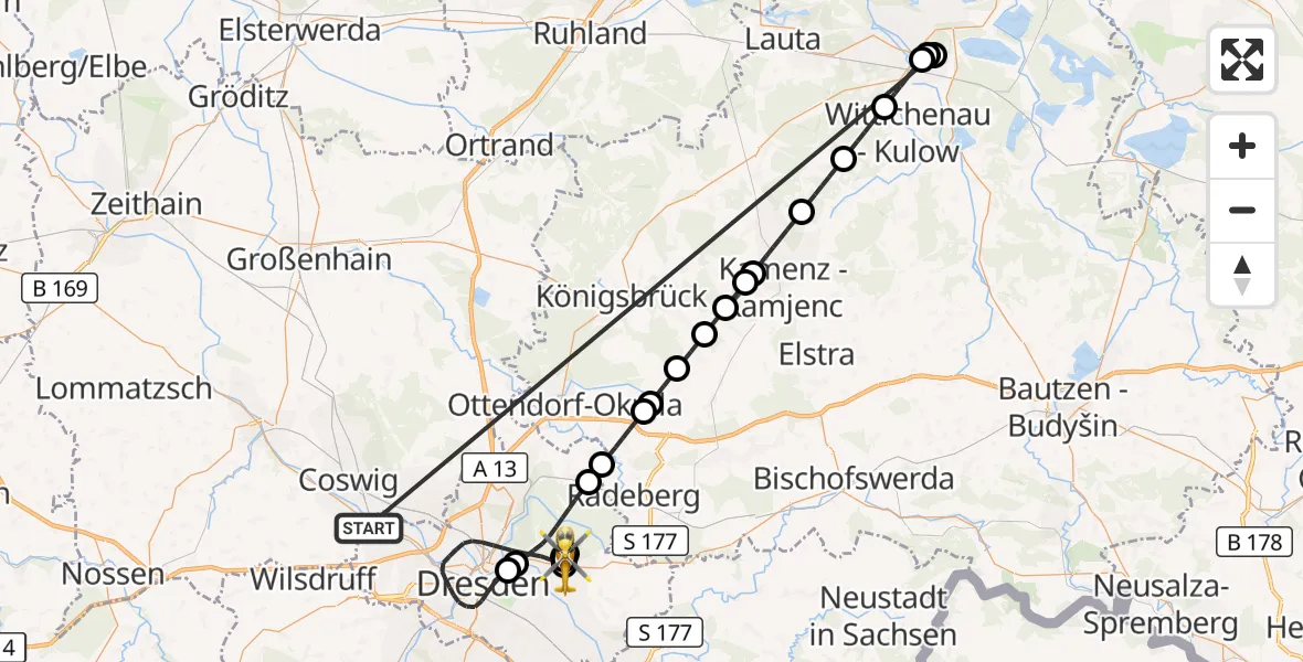 Flugroute Rettungshubschrauber Dresden - Weißer Hirsch Hospital, 13 Oktober 2026, 00:58