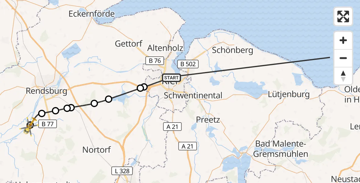 Flugroute Ambulanzhubschrauber Kiel - Rendsburg-Schachtholm Flugplatz, 13 Oktober 2026, 01:38