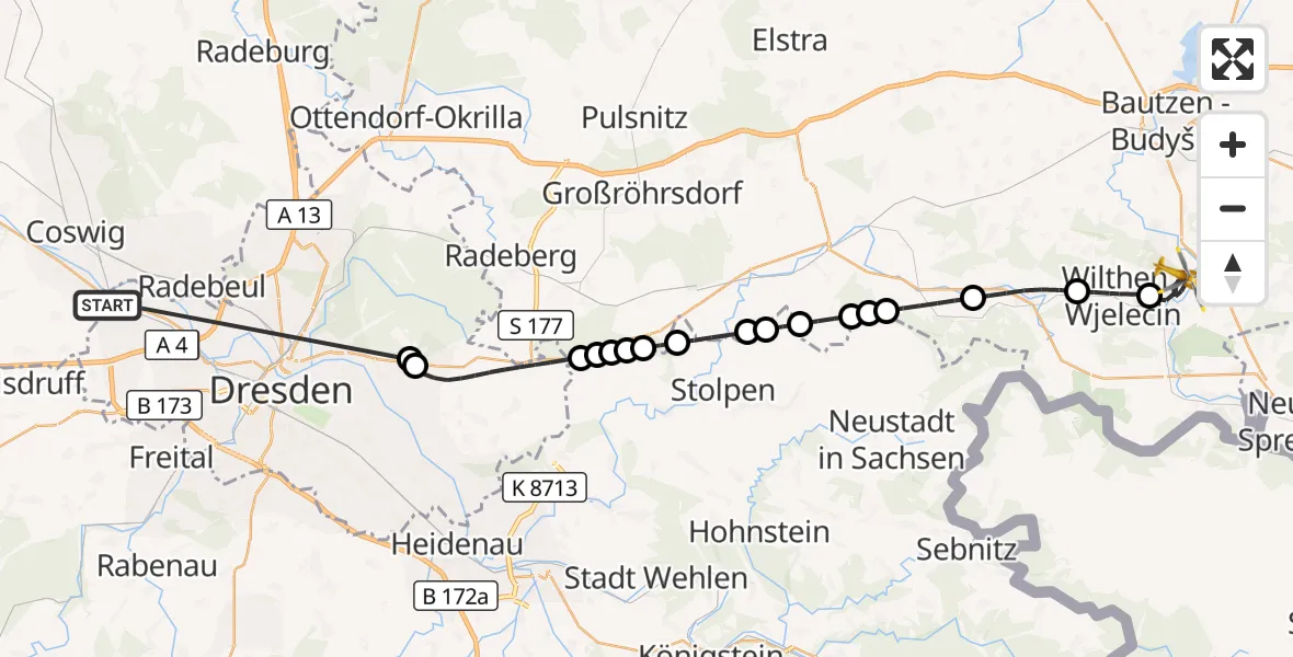Flugroute Rettungshubschrauber Dresden - Schirgiswalde-Kirschau, 13 Oktober 2026, 01:48
